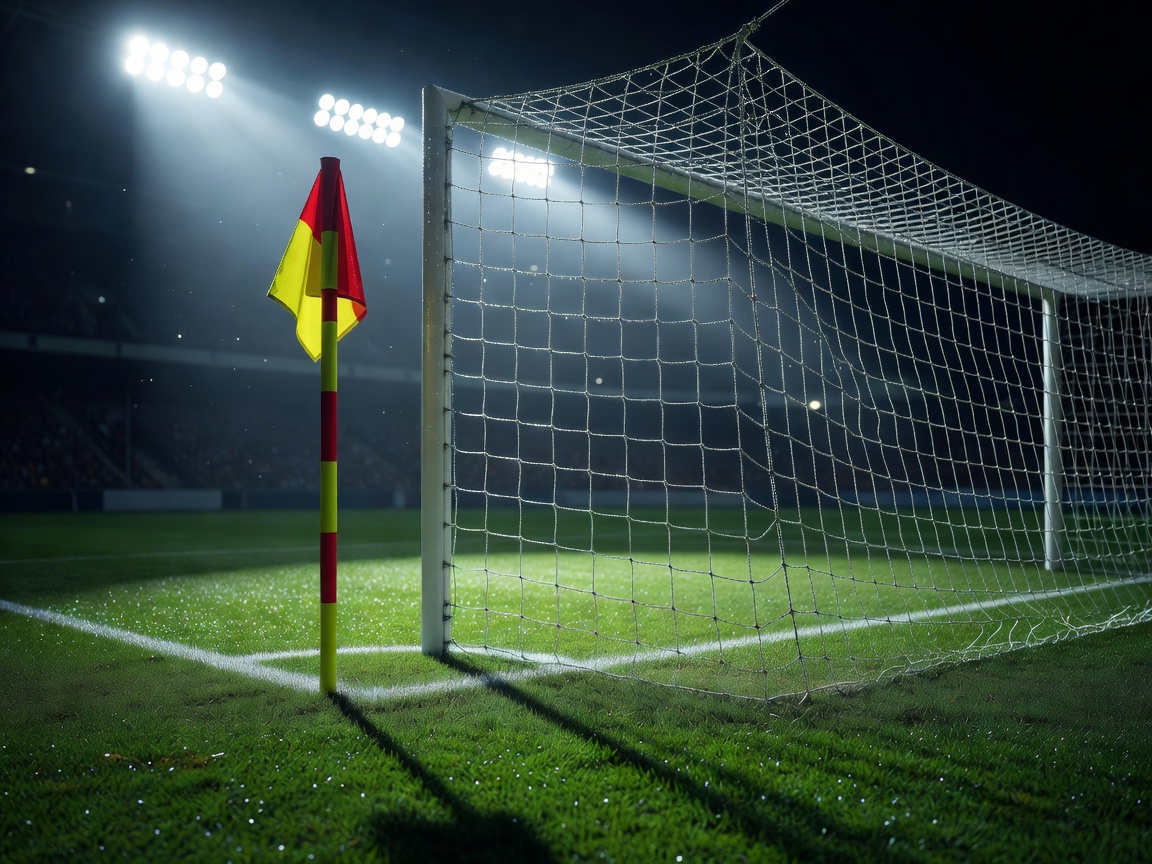 Detail of a football net and corner flag under stadium lights
