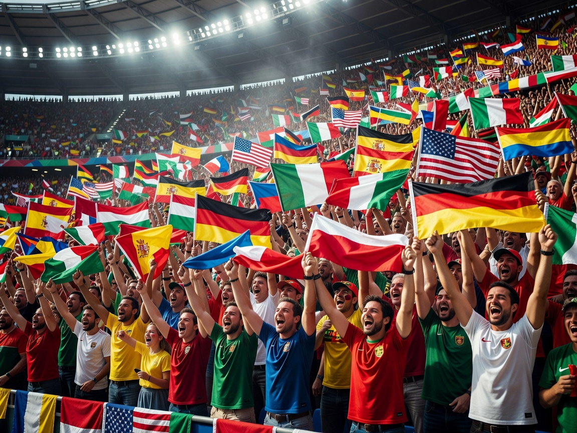 Supporters waving national flags in a packed stadium stands